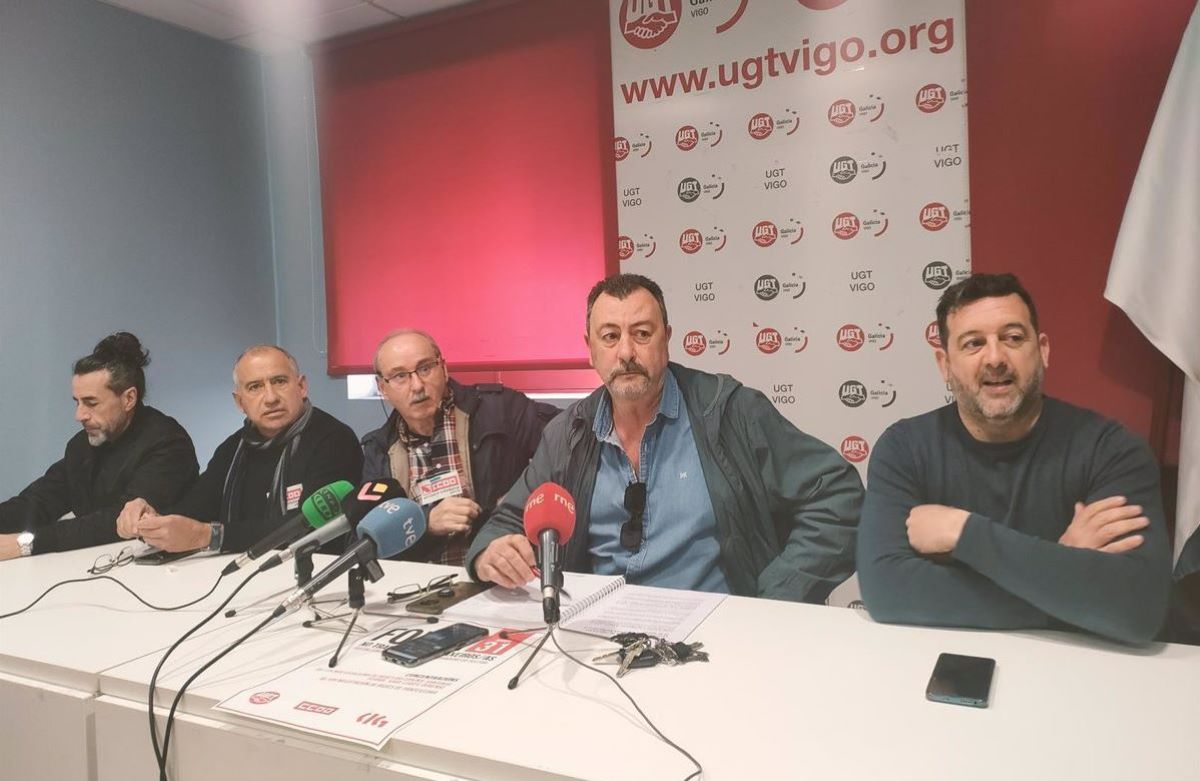 Representantes de UGT, CCOO y CIG en la rueda de prensa celebrada en Vigo. Foto: Europa Press