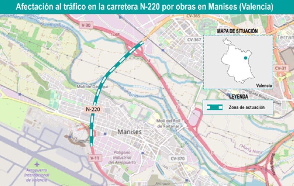 Afectación al tráfico en la N-220 por obras en Manises. Foto: Mitma