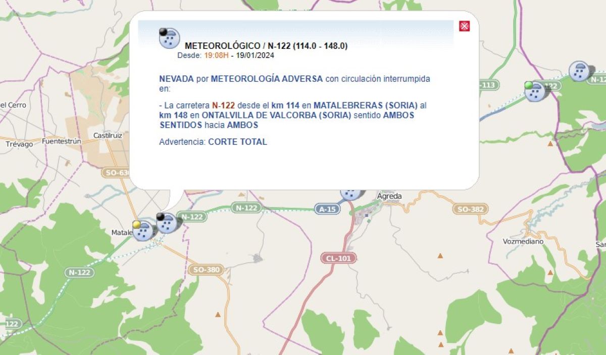 Indicación del corte del tramo de la N-122. Foto: DGT