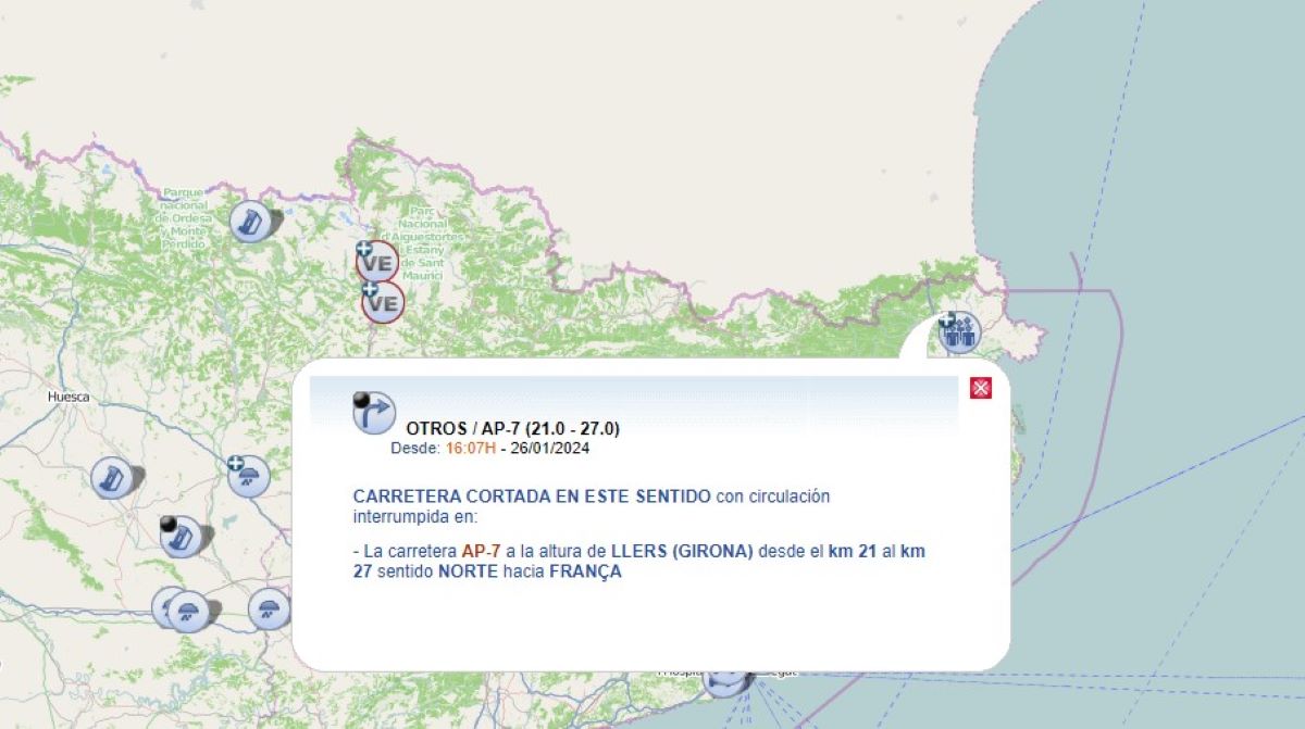 Indicación del corte de la AP-7. Foto: DGT