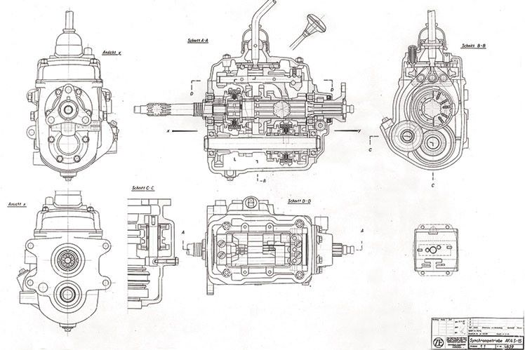 Dibujo seccional de la caja de cambios totalmente síncrona del año 1937.