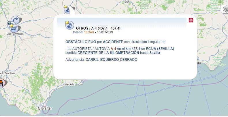 Indicación del accidente en la A-4 a al altura de Écija