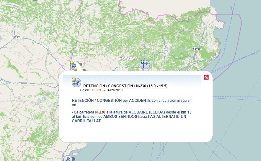 Indicación del corte de un carril de la N-230