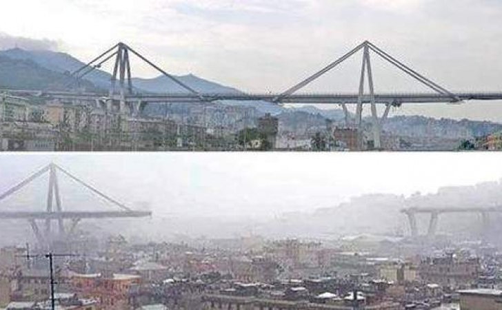Imagen del antes y despues del puente derrumbado en Génova