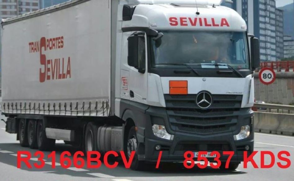 Imagen de ¡Alerta!. Camión robado marca Mercedes matriculas: 8537-KDS R-3166-BCV, rotulado de Transportes Sevilla