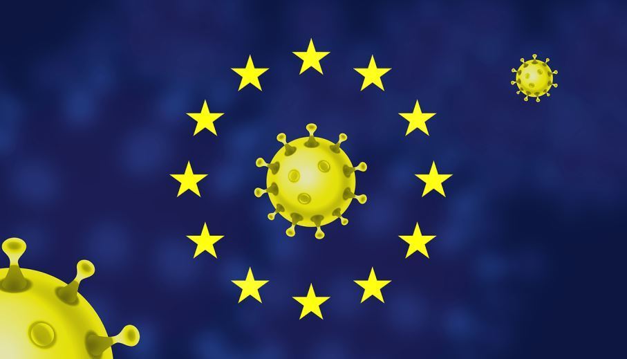 Imagen de la bandera de la UE con el coronavirus