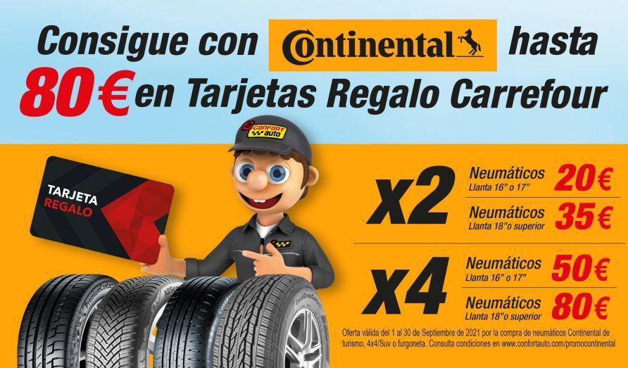 Confortauto y Continental regalan a sus clientes hasta 80€ en tarjetas regalo Carrefour