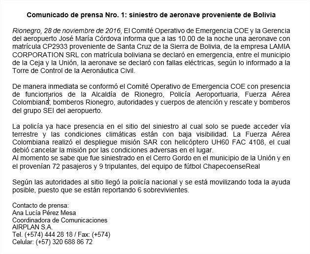 /></p><p><strong>La Conmebol suspende todas sus actividades</strong></p><p>La Confederación Sudamericana de Fútbol (Conmebol) ha suspendido todas sus actividades tras el accidente. La máxima autoridad del fútbol sudamericano indicó en un comunicado que