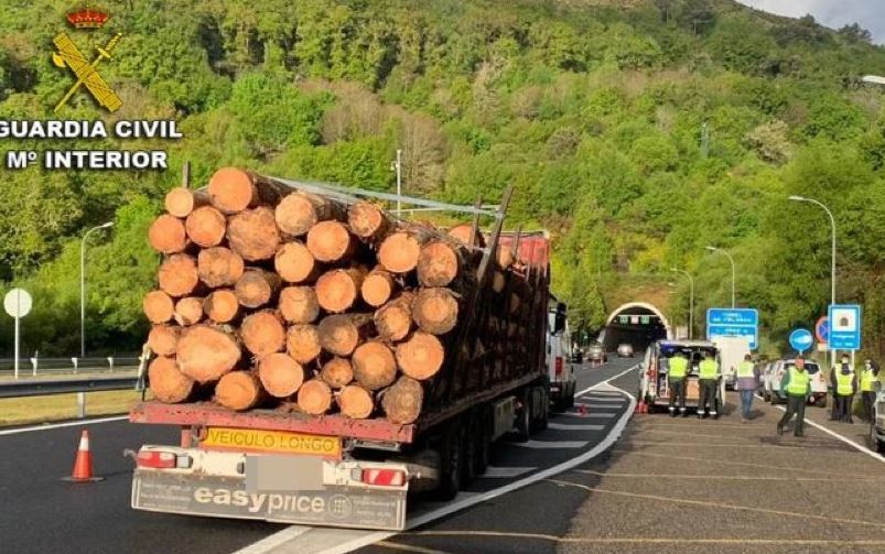 Denunciado un camionero que circulaba por la A-52 transportando madera mal estibada