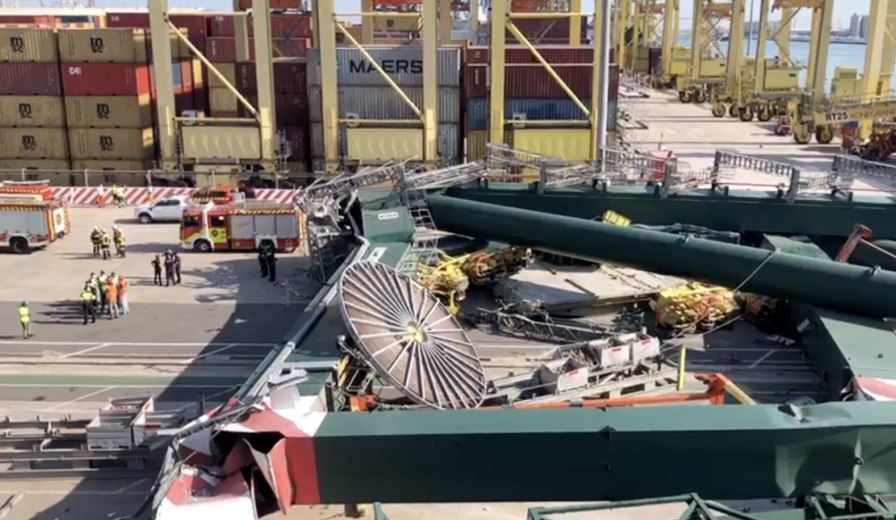 Imagen de la grúa derribada por un barco en el Puerto de Valencia