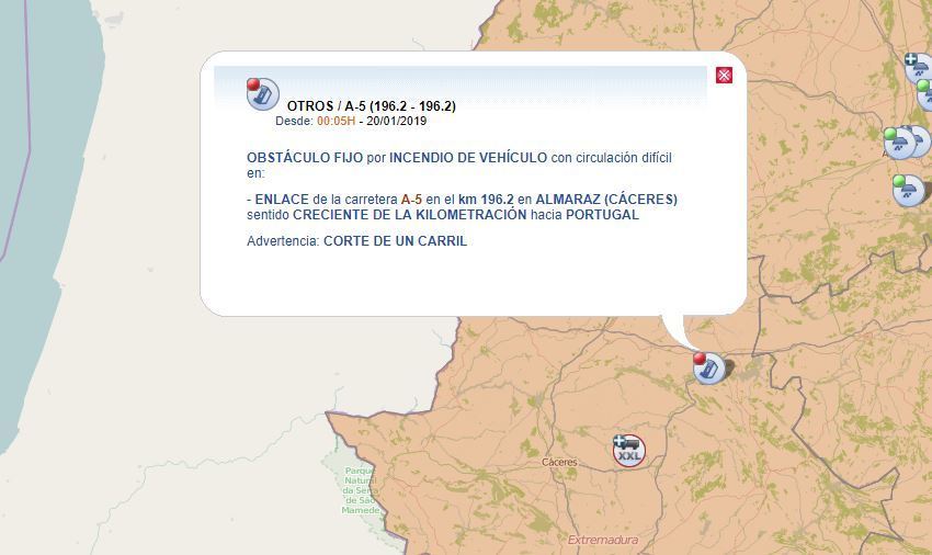 Indicación del lugar del accidente en la A-5