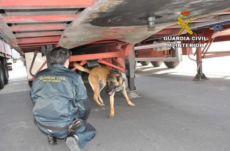 Agente de la Guardia Civil inspeccionando los bajos de un camión