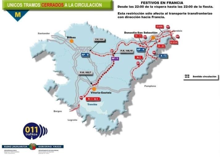 Mapa de las restricciones en el País Vasco para transporte transfronterizo