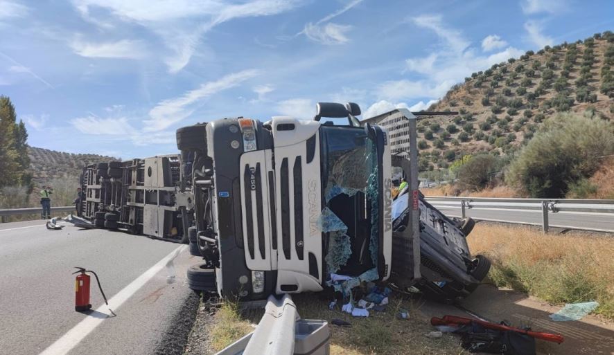Imagen de Retenciones de hasta seis kilómetros por el vuelco de un trailer en la A-44