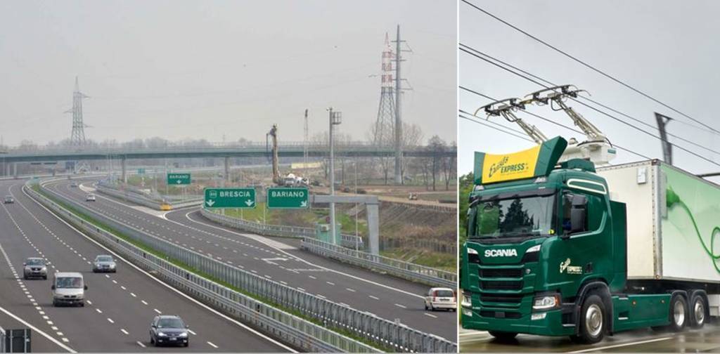 Imagen de un Scania en una carretera electrificada Imagen de un Scania en una carretera electrificada