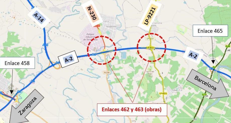 Afecciones al tráfico por la rehabilitación del firme de la A-2 en la variante de Lleida