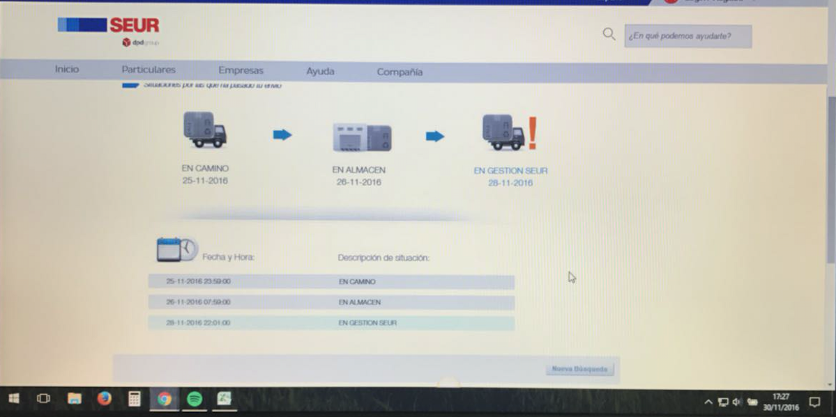 Pantallazo en el que aparece "en Gestión" en la Web de Seur.