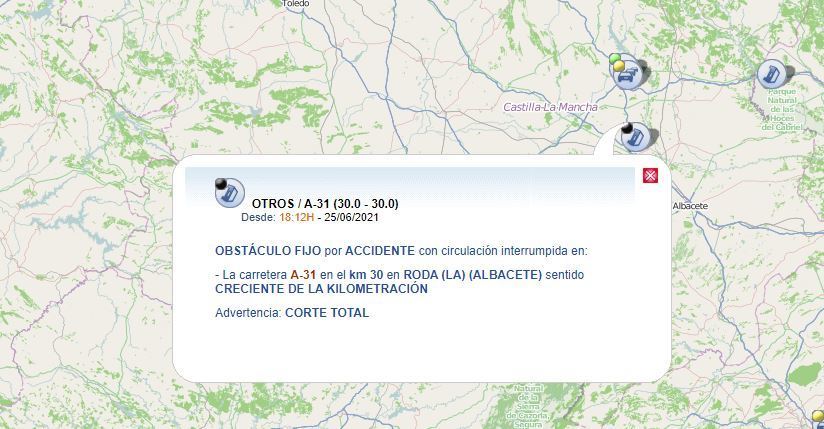 Indicación de la DGT del corte de la vía