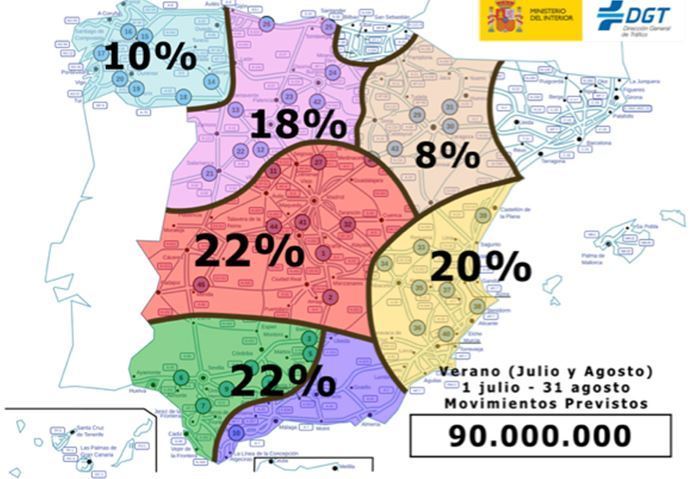 Mapa de España con el número que se prevé de desplazamientos
