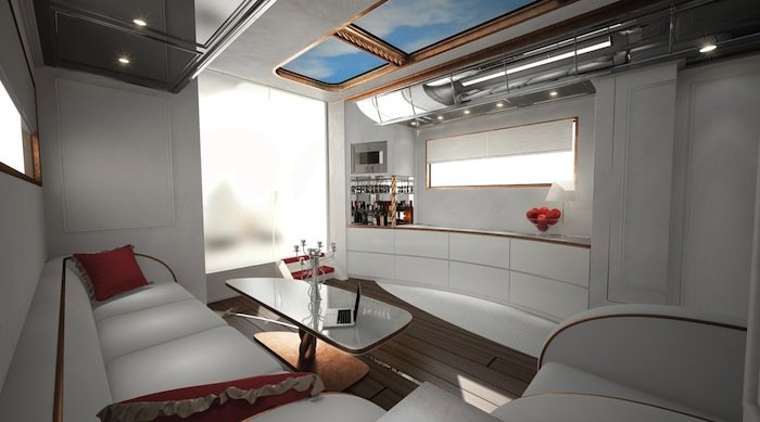  /></p><p>Como los afortunados usuarios de este yate sobre ruedas (su diseño se base en ellos, de hecho), desearán mantener su privacidad, apenas cuenta con ventanales. Eso no impedirá las vistas, ya que un sistema de cámaras permite ver desde el interior lo que sucede alrededor. Tampoco tiene alarma: Cuando el conductor aparca la Palazzo se lleva un dispositivo monitor que le informa a través de video de en qué estado se encuentra.</p><p>Hasta el puesto de conducción parece sacado de Star Trek. Desde él se dirige esta casa rodante de doce metros de largo, que se mueve gracias a un motor diésel de seis cilindros con 510 CV de potencia, transmisión automática, difusor trasero de fibra de carbono y escapes deportivos. Alcanza 150 km/h. Eso sí, los diseñadores aseguran que gracias a su diseño aerodinámico ahorra un 25% de combustible respecto a un vehículo de su tamaño (como un autobús).</p><p>¿Qué más? De todo, como sus llantas de 28 pulgadas y el inmenso parabrisas ultrapanorámico con limpias a rotor… Nos ha llamado la atención su sistema de ilumunicación exterior: La carrocería está recubierta de una especie de laca iridiscente que le hace brillar por la noche.</p><p><img decoding=