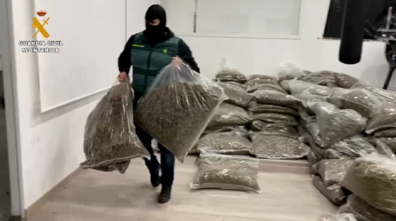 Un agente portando sacos de la marihuana intervenida