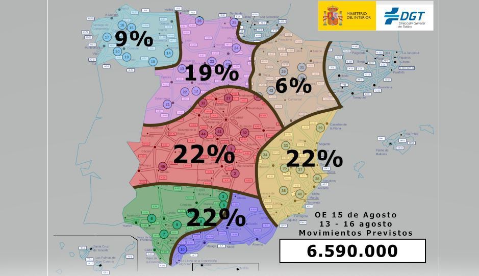 Mapa de España con los desplazamientos previstos