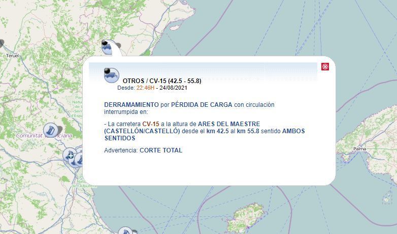 Indicación del corte de carretera de la DGT
