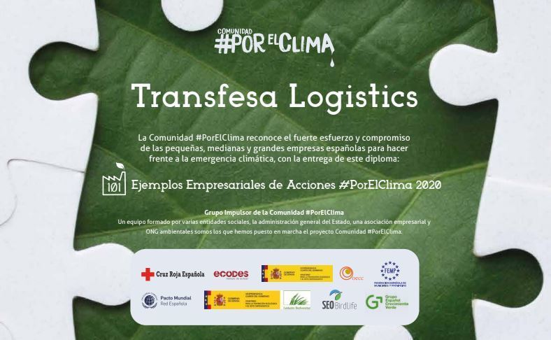 Imagen del diploma entregado a Transfesa Logistics