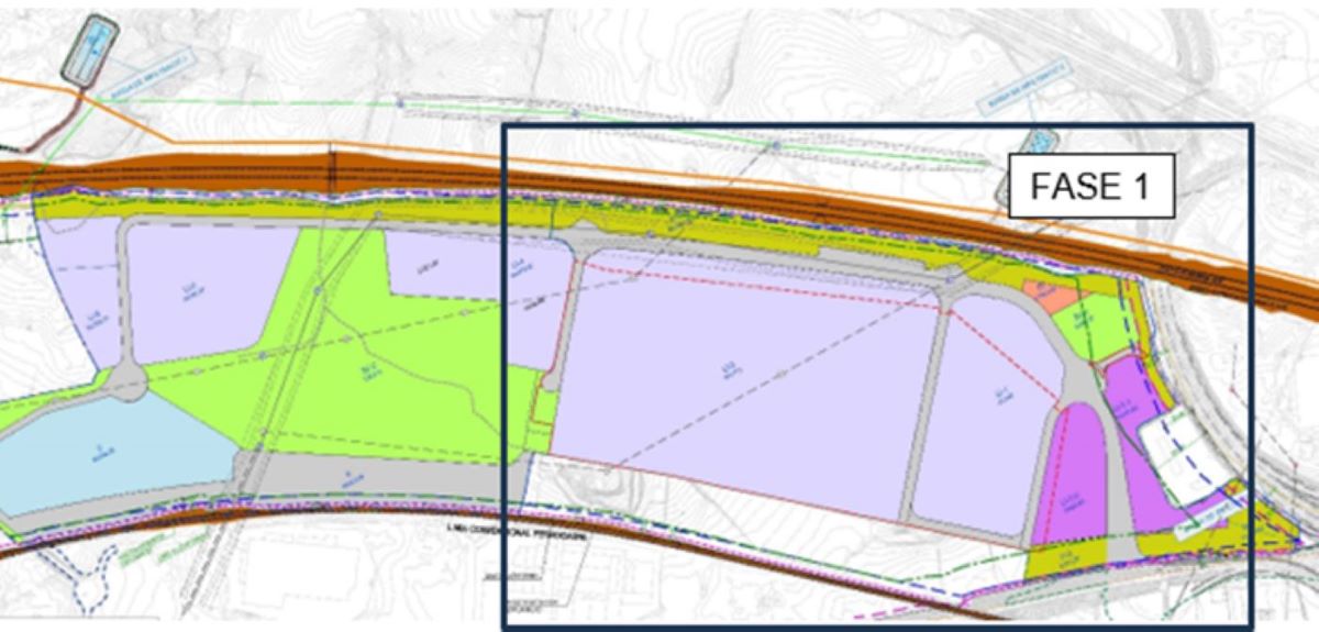 Mapa del LOGIS Montblanc, con la fase 1B rodeada por la línea de puntos roja. Gráfico: CIMALSA