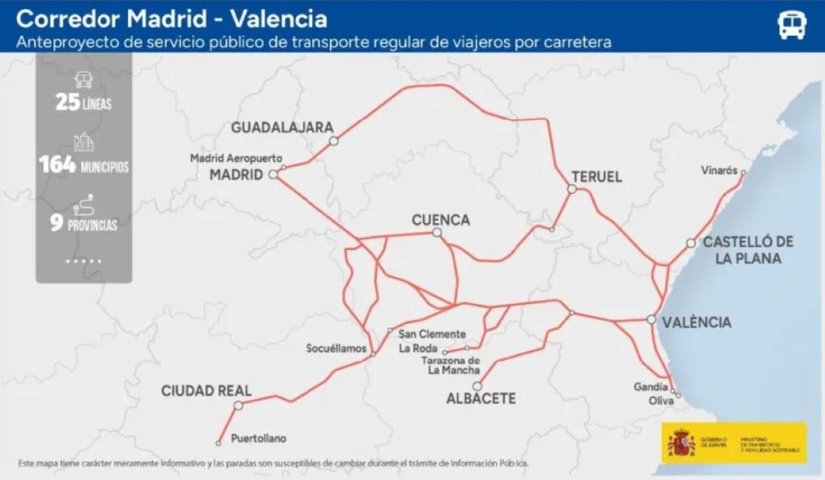 Transportes somete a información pública el Corredor Madrid-Valencia la concesión de transporte de viajeros por carretera
