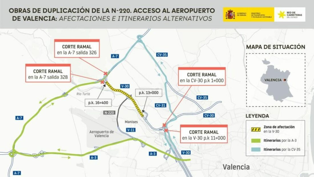 Afectaciones al tráfico por las obras para duplicar la N-220, de acceso al Aeropuerto de Valencia