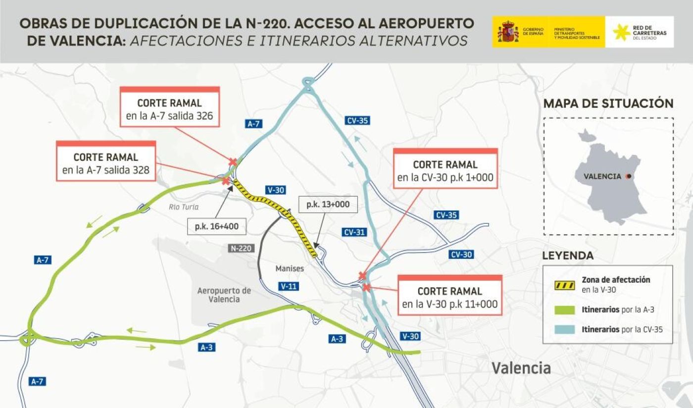 Afectaciones al tráfico por las obras para duplicar la N-220, de acceso al Aeropuerto de Valencia