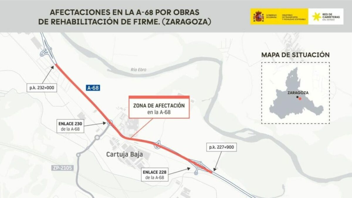 Afectaciones al tráfico por obras en la A-68 a su paso por varios polígonos industriales en Zaragoza