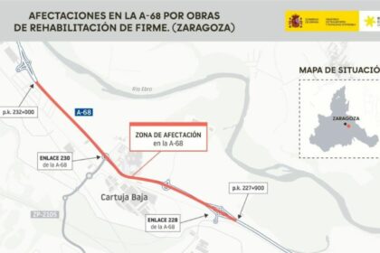 Afectaciones al tráfico por obras en la A-68 a su paso por varios polígonos industriales en Zaragoza